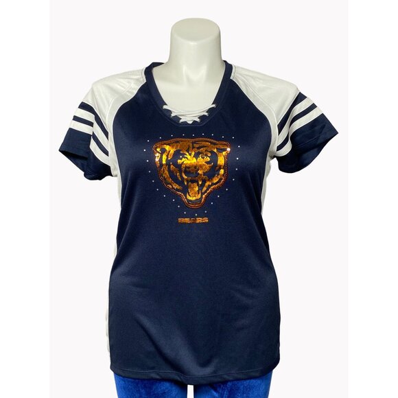 Chicago Bears Womens Size XL Majestic Draft Me Navy Blue Sequin T Shirt New - Picture 2 of 11